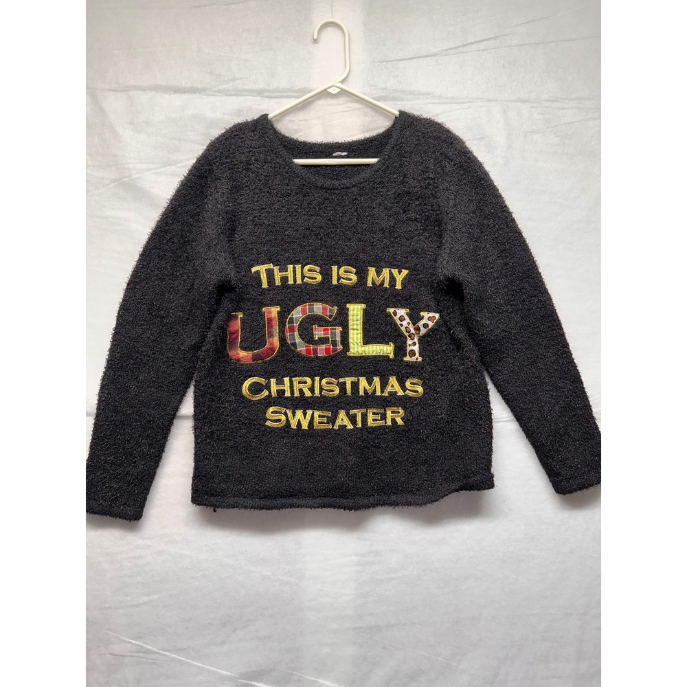 Womens Black‎ Fuzzy Ugly Christmas Sweater Long Sleeve Crew Neck Holiday